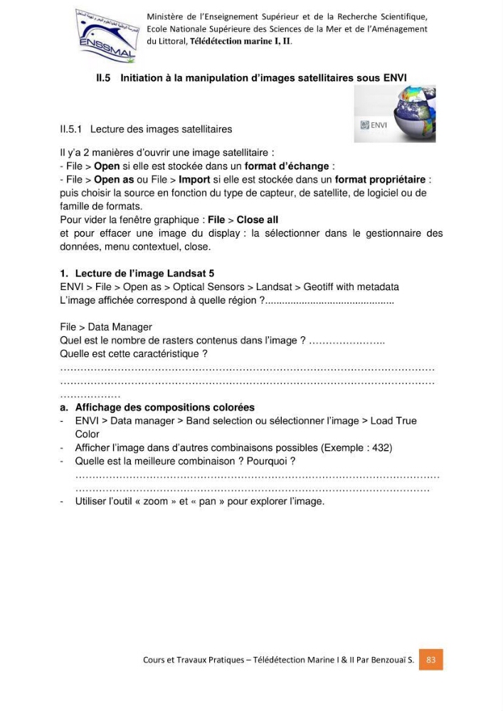 Télédetection marine: Niveau I & II, support de cours & travaux pratiques