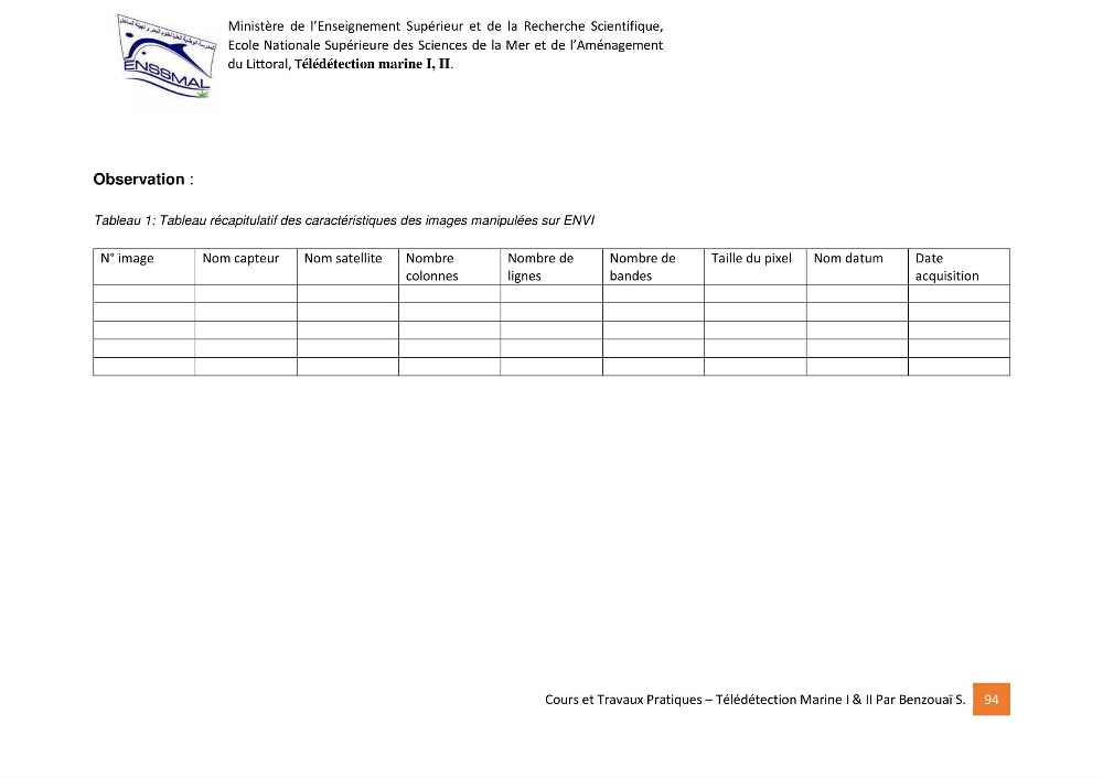 Télédetection marine: Niveau I & II, support de cours & travaux pratiques