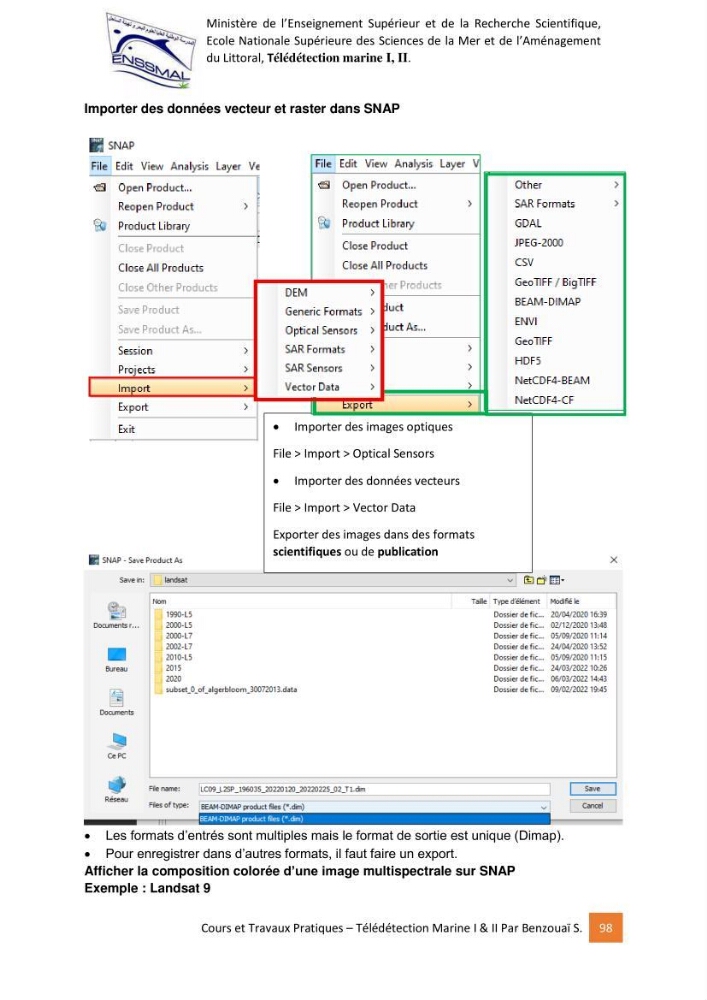 Télédetection marine: Niveau I & II, support de cours & travaux pratiques
