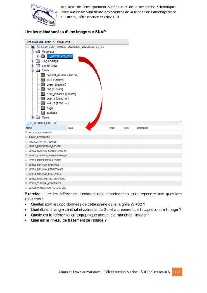 Télédetection marine: Niveau I & II, support de cours & travaux pratiques