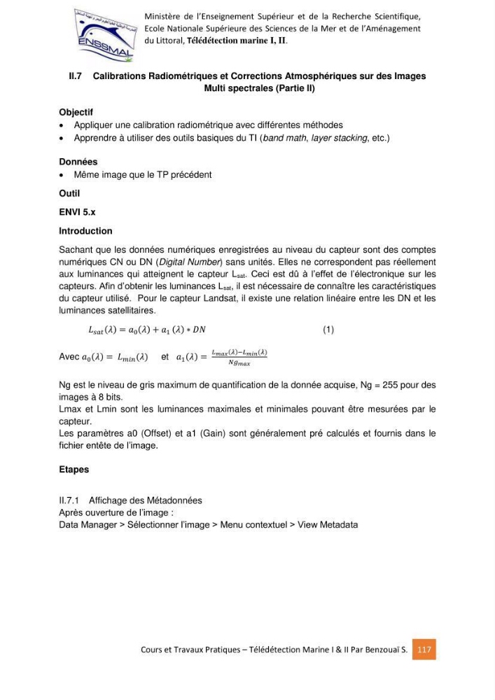 Télédetection marine: Niveau I & II, support de cours & travaux pratiques