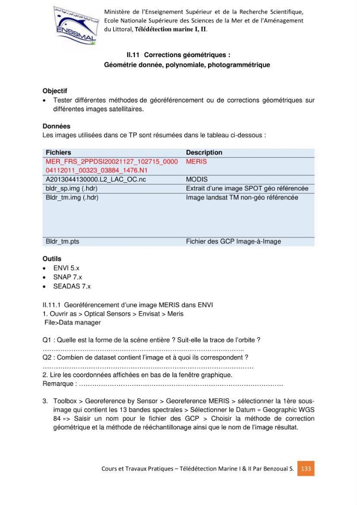 Télédetection marine: Niveau I & II, support de cours & travaux pratiques