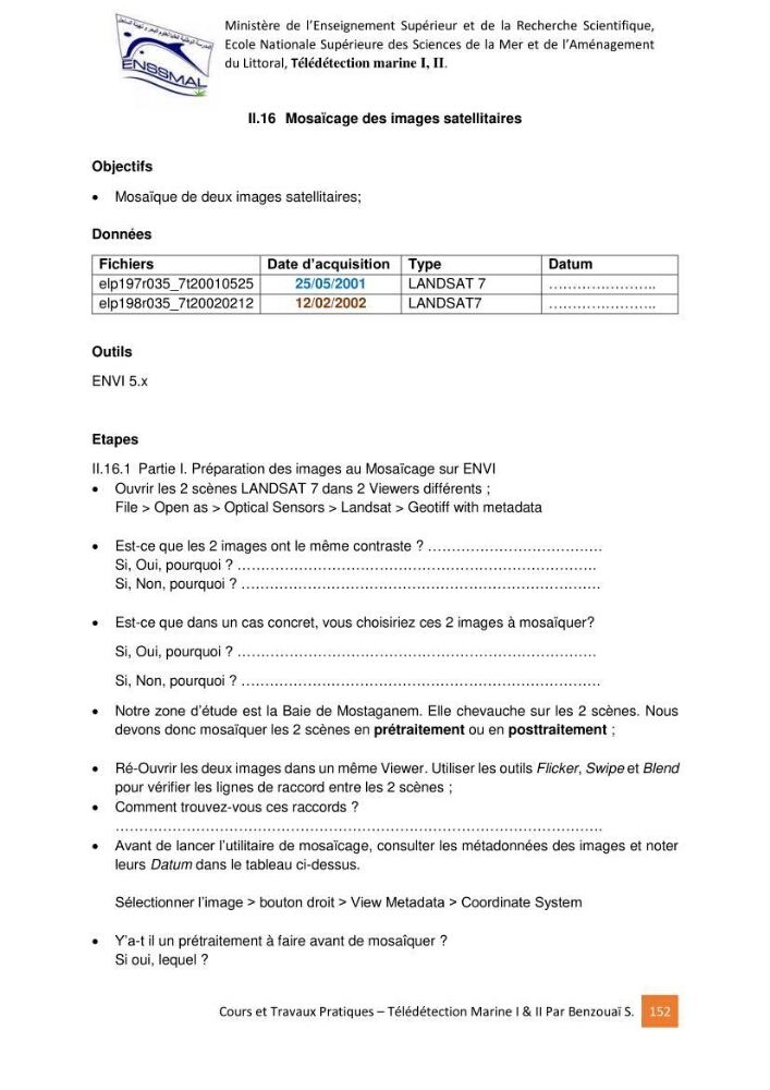 Télédetection marine: Niveau I & II, support de cours & travaux pratiques