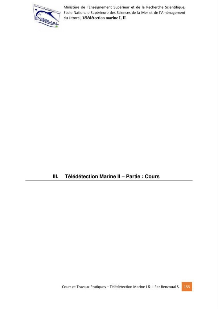 Télédetection marine: Niveau I & II, support de cours & travaux pratiques