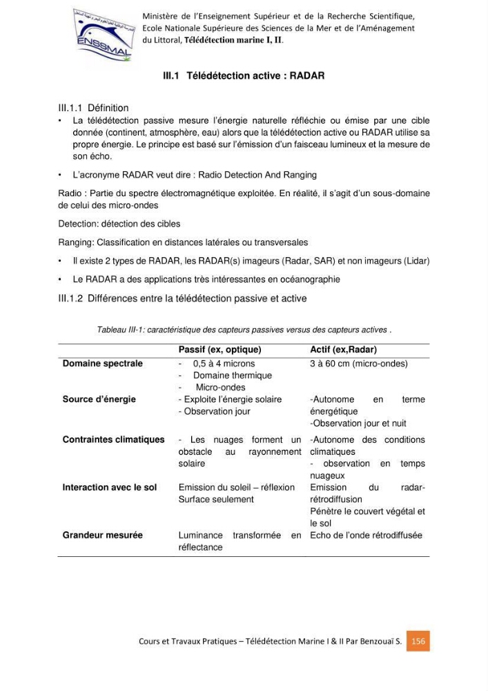 Télédetection marine: Niveau I & II, support de cours & travaux pratiques