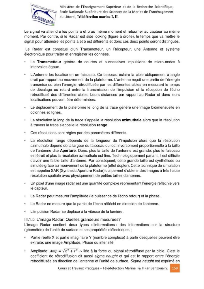 Télédetection marine: Niveau I & II, support de cours & travaux pratiques