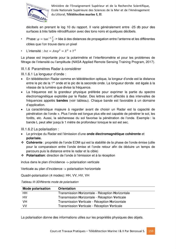 Télédetection marine: Niveau I & II, support de cours & travaux pratiques