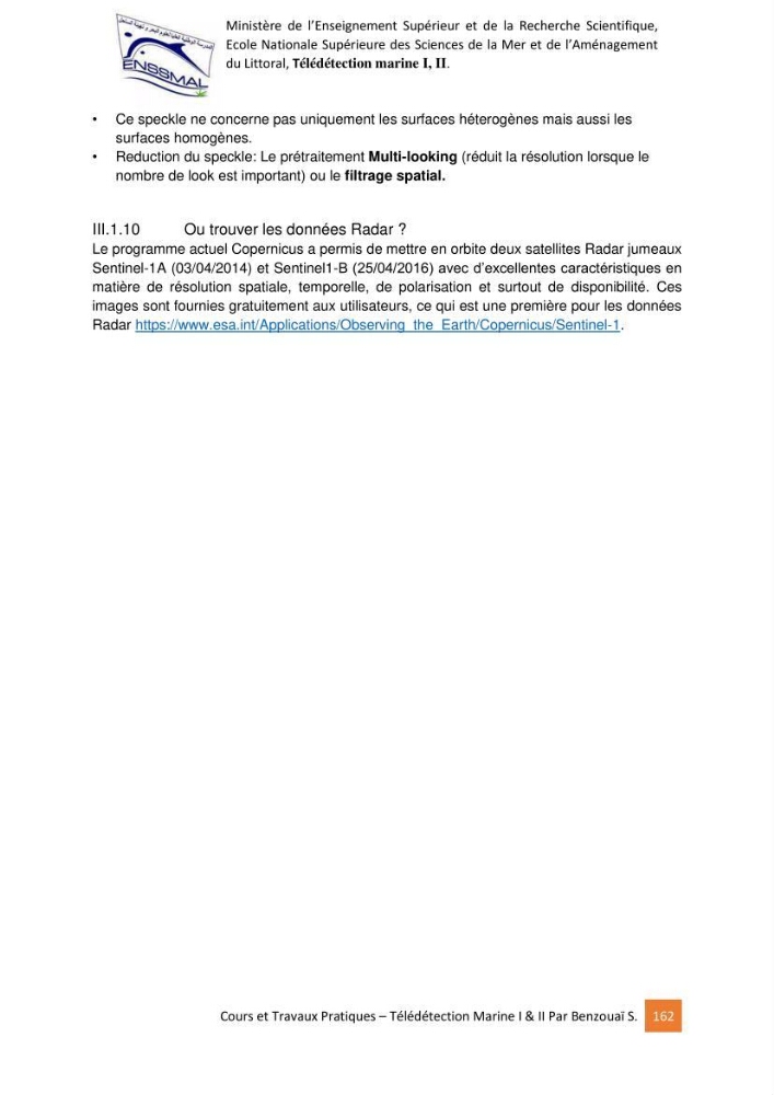 Télédetection marine: Niveau I & II, support de cours & travaux pratiques