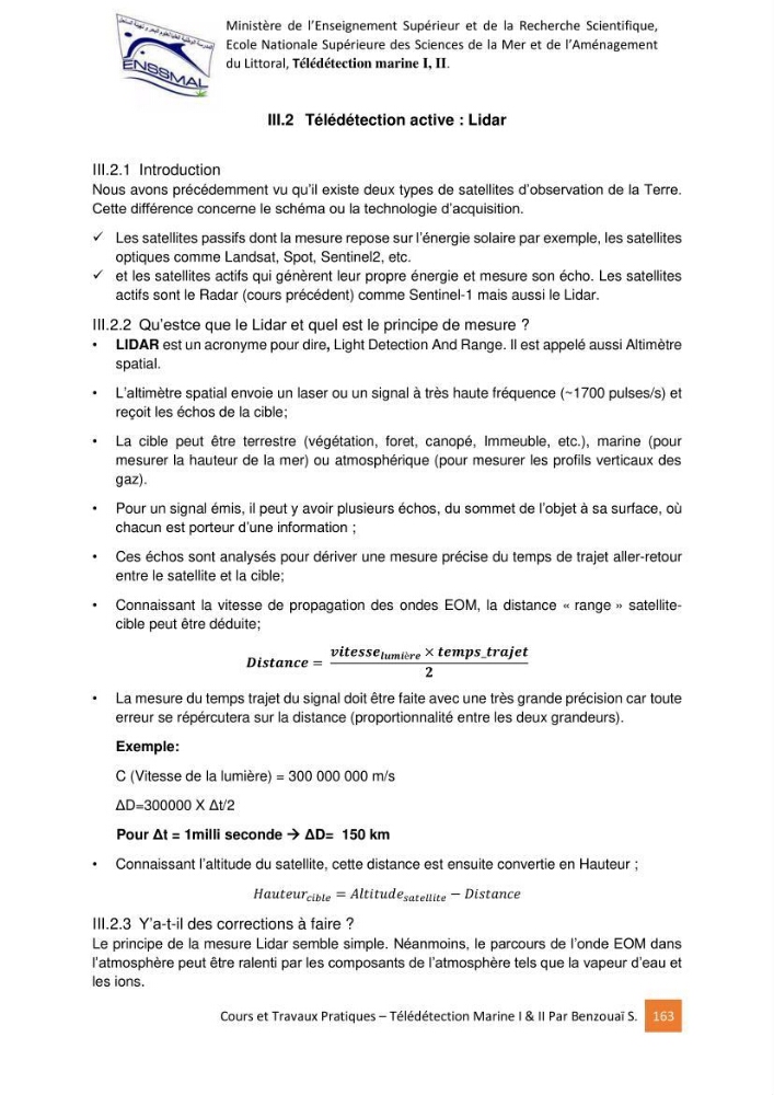 Télédetection marine: Niveau I & II, support de cours & travaux pratiques