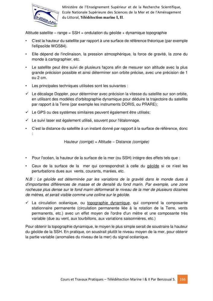 Télédetection marine: Niveau I & II, support de cours & travaux pratiques