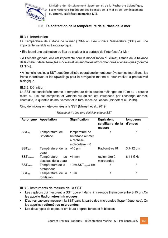 Télédetection marine: Niveau I & II, support de cours & travaux pratiques