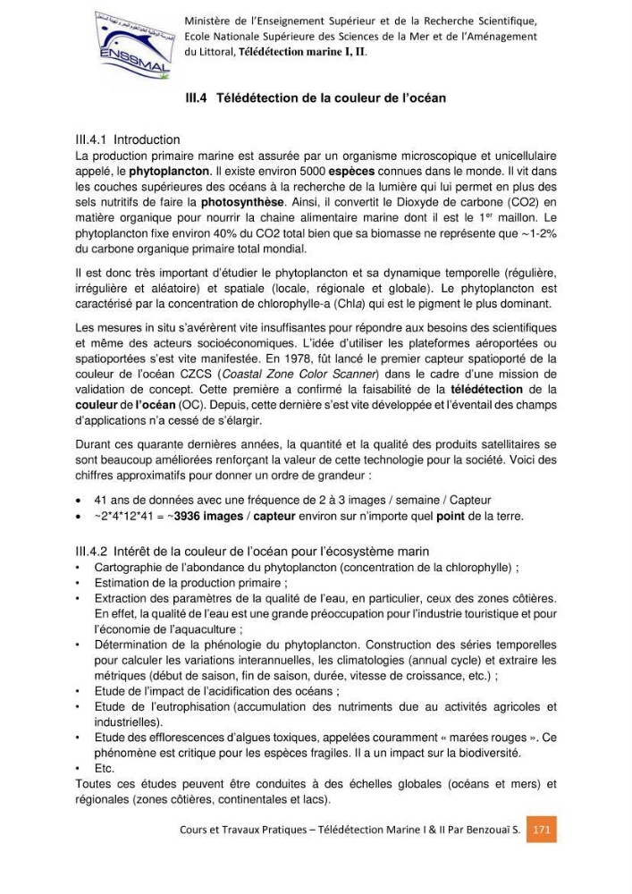 Télédetection marine: Niveau I & II, support de cours & travaux pratiques