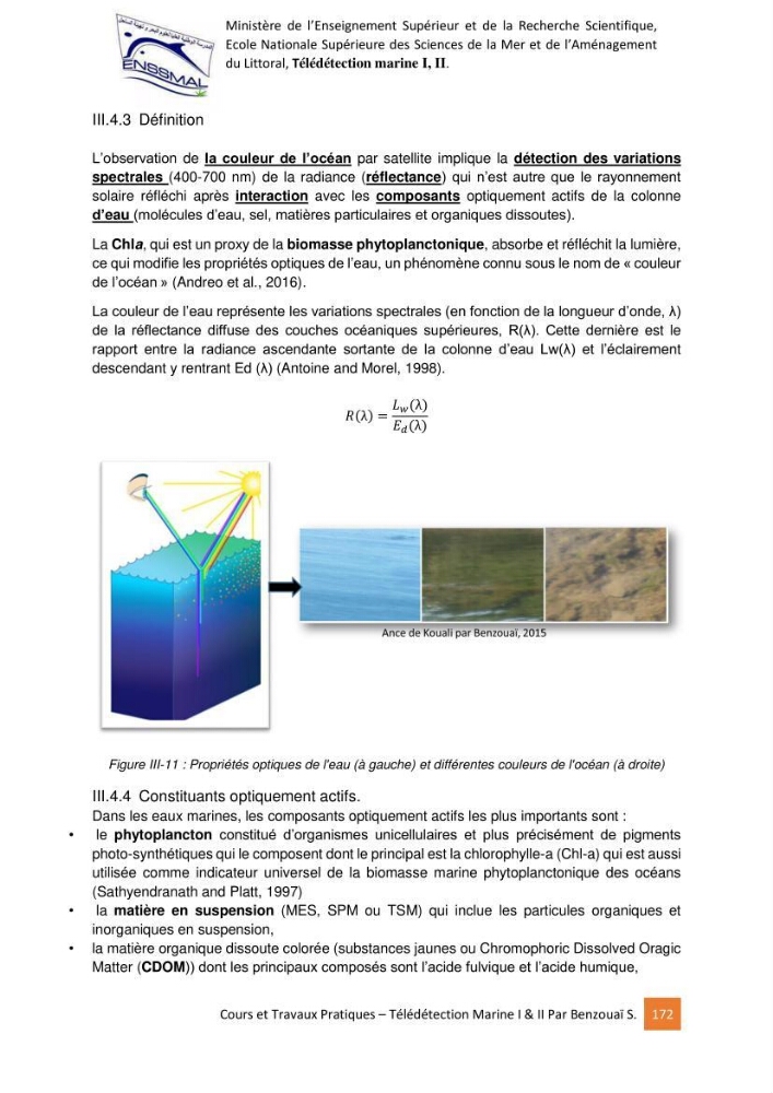 Télédetection marine: Niveau I & II, support de cours & travaux pratiques