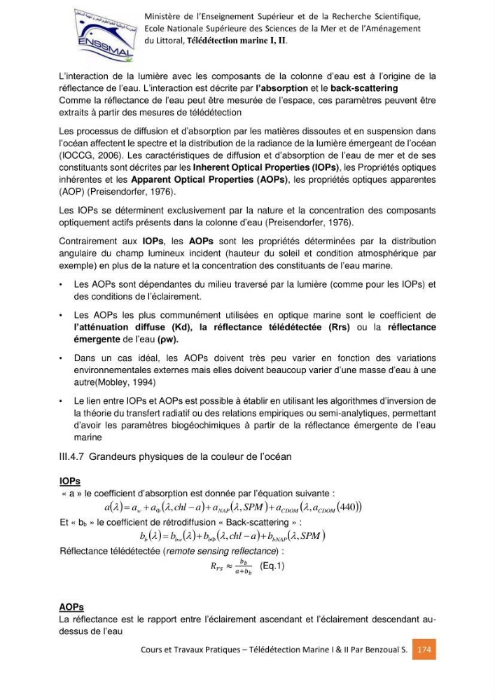 Télédetection marine: Niveau I & II, support de cours & travaux pratiques