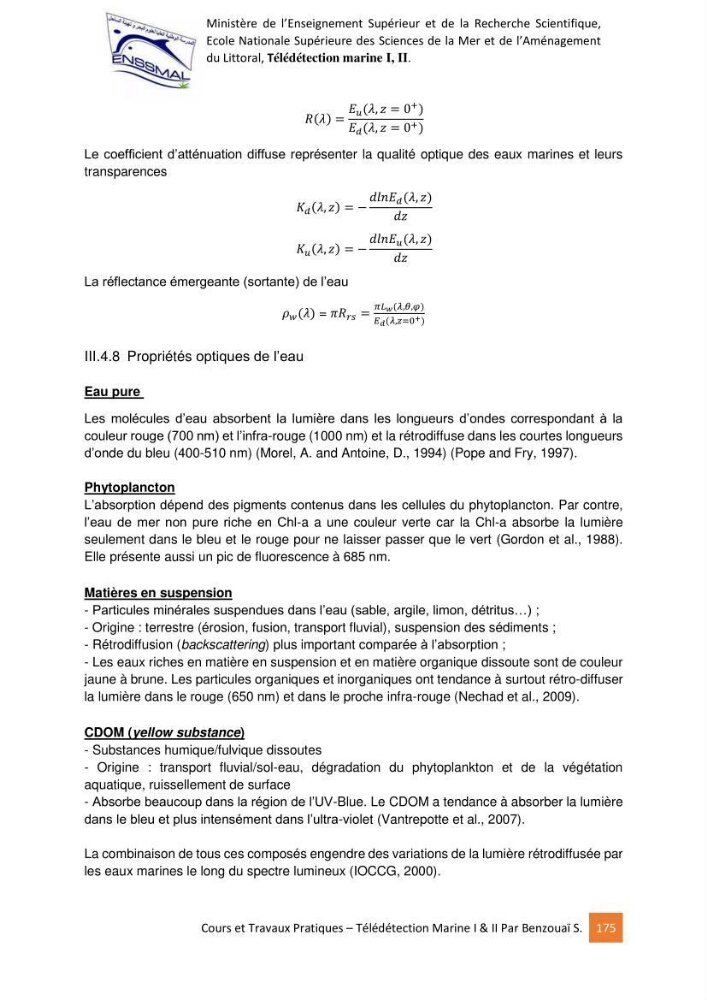 Télédetection marine: Niveau I & II, support de cours & travaux pratiques