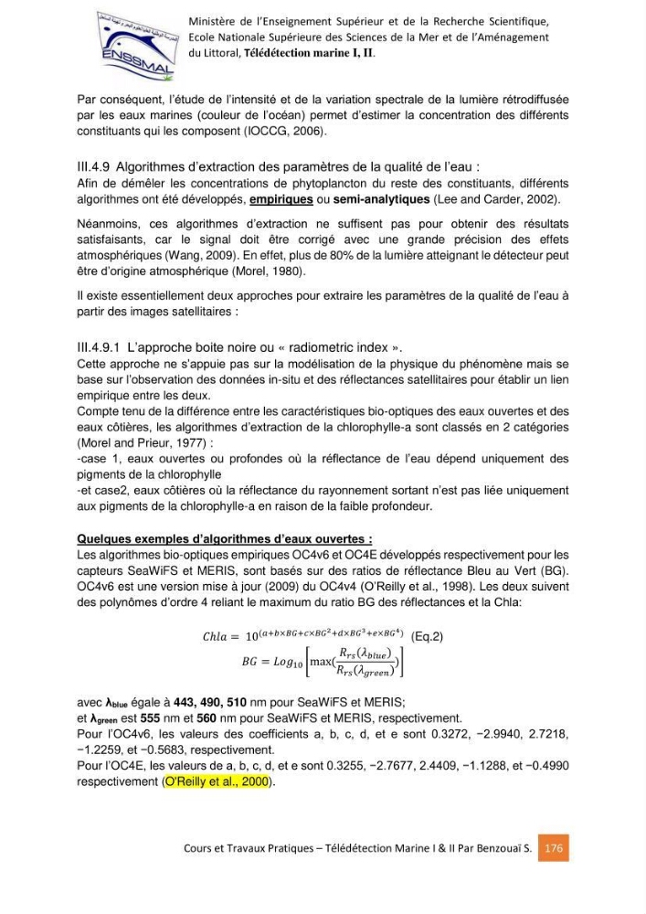 Télédetection marine: Niveau I & II, support de cours & travaux pratiques