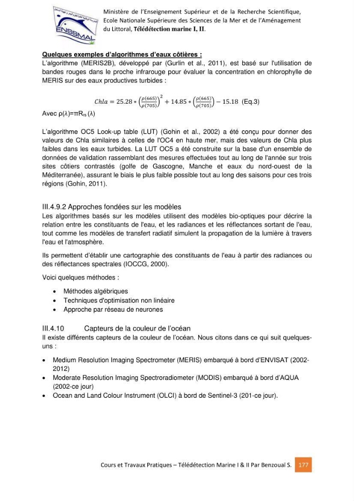 Télédetection marine: Niveau I & II, support de cours & travaux pratiques