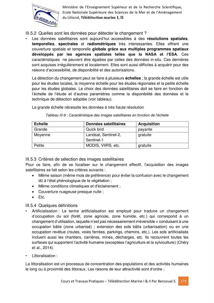 Télédetection marine: Niveau I & II, support de cours & travaux pratiques