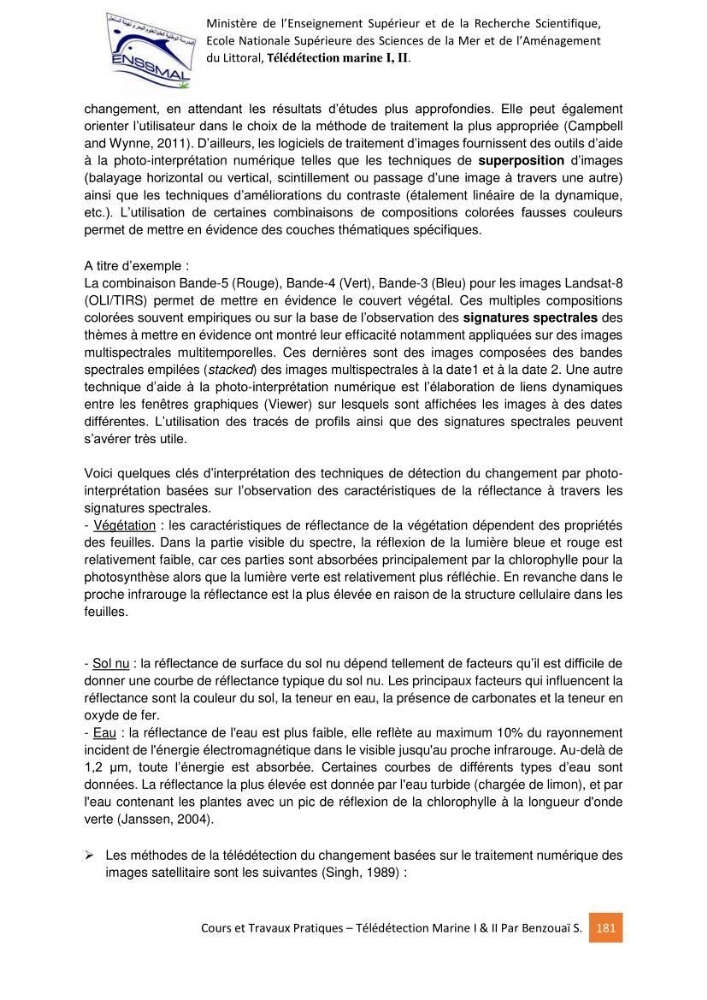 Télédetection marine: Niveau I & II, support de cours & travaux pratiques