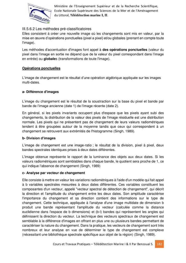 Télédetection marine: Niveau I & II, support de cours & travaux pratiques