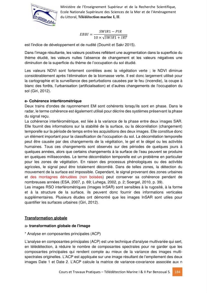 Télédetection marine: Niveau I & II, support de cours & travaux pratiques