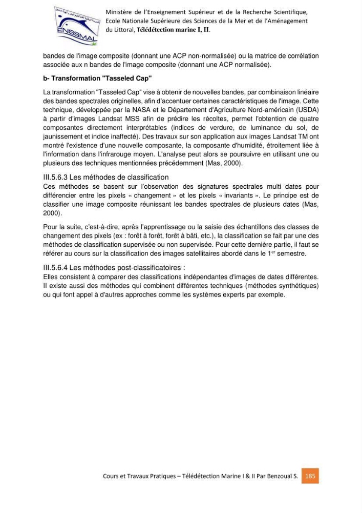 Télédetection marine: Niveau I & II, support de cours & travaux pratiques