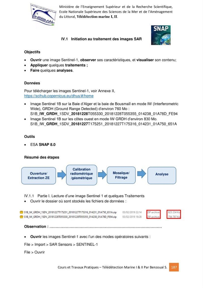 Télédetection marine: Niveau I & II, support de cours & travaux pratiques
