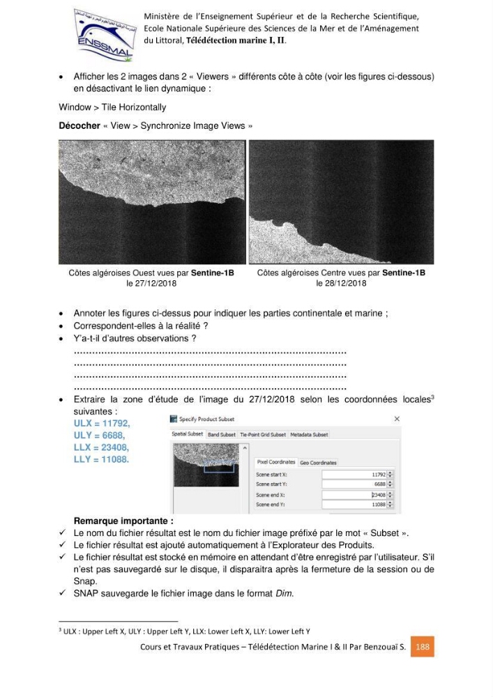 Télédetection marine: Niveau I & II, support de cours & travaux pratiques