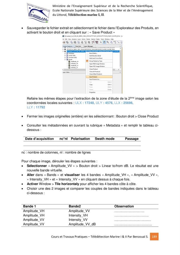 Télédetection marine: Niveau I & II, support de cours & travaux pratiques