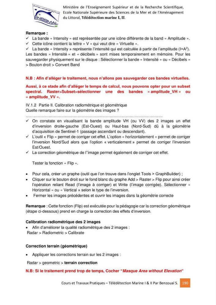 Télédetection marine: Niveau I & II, support de cours & travaux pratiques