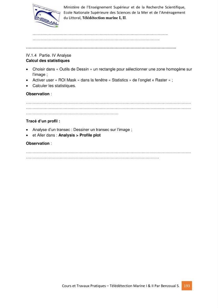 Télédetection marine: Niveau I & II, support de cours & travaux pratiques