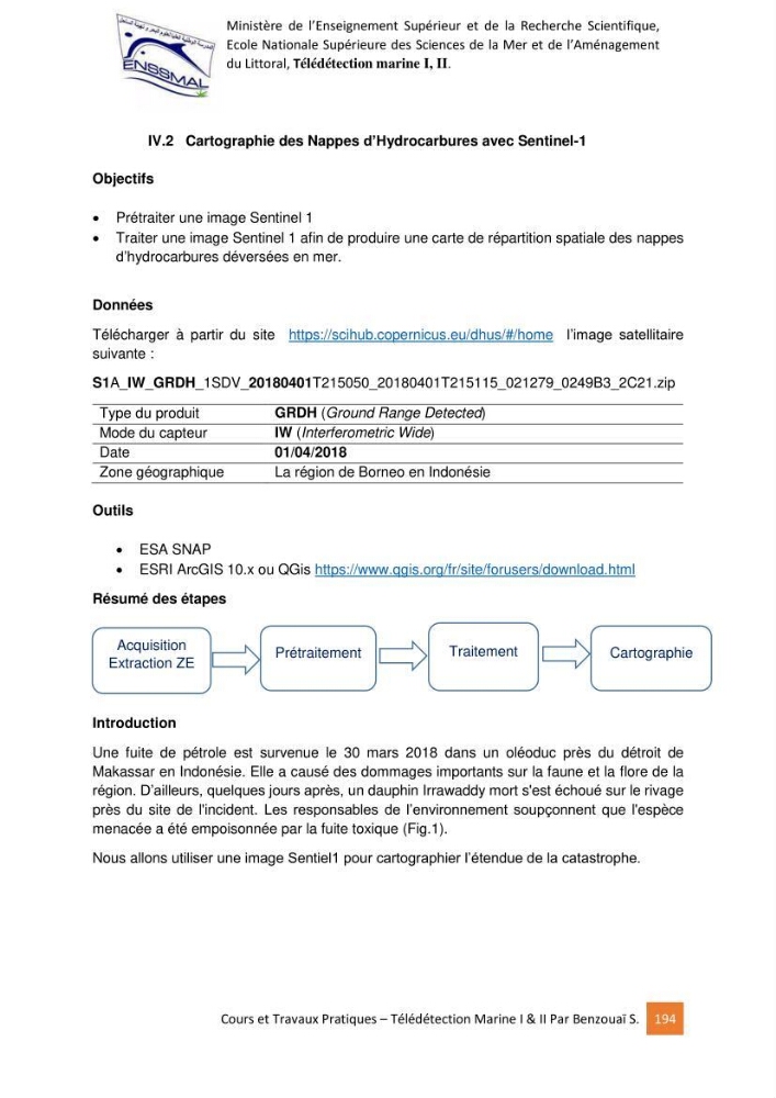 Télédetection marine: Niveau I & II, support de cours & travaux pratiques