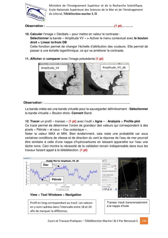 Télédetection marine: Niveau I & II, support de cours & travaux pratiques