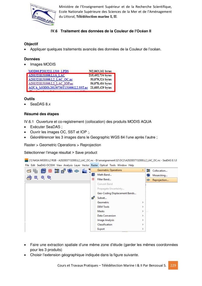 Télédetection marine: Niveau I & II, support de cours & travaux pratiques