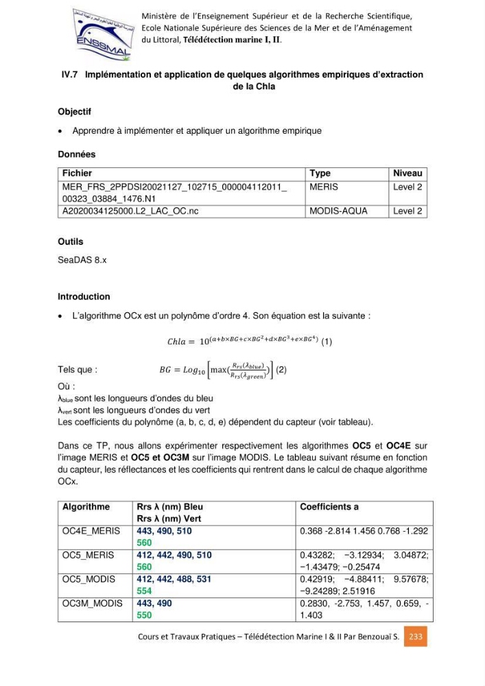 Télédetection marine: Niveau I & II, support de cours & travaux pratiques