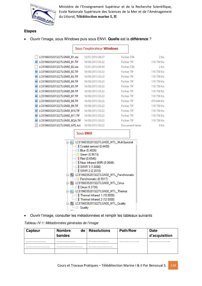 Télédetection marine: Niveau I & II, support de cours & travaux pratiques