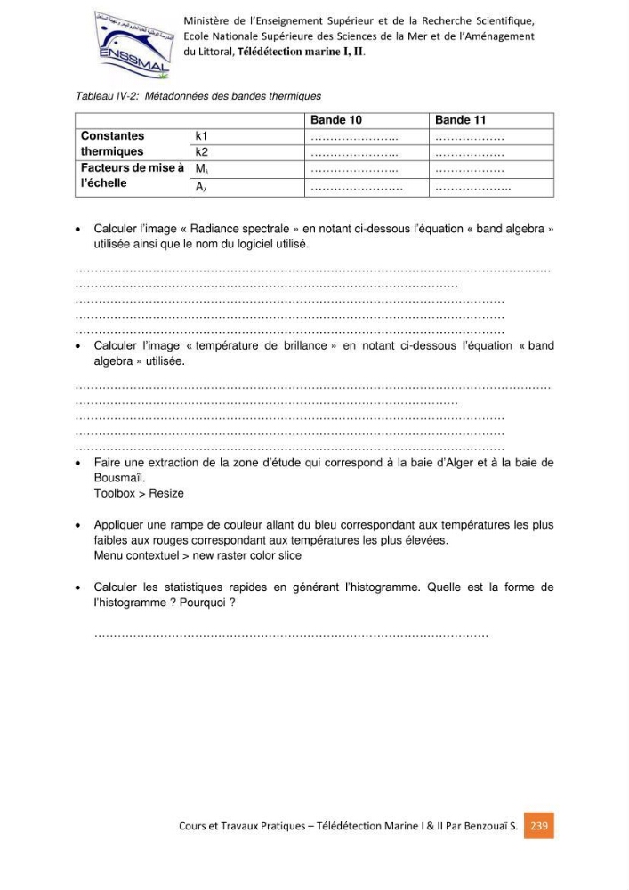 Télédetection marine: Niveau I & II, support de cours & travaux pratiques