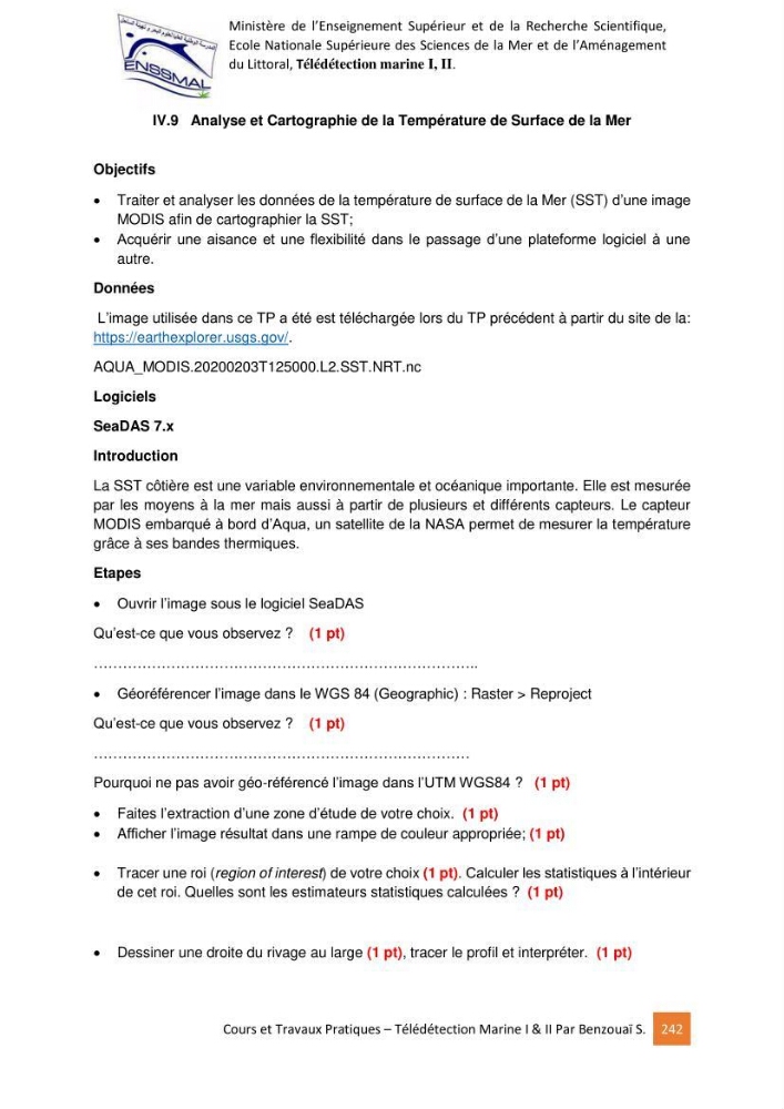 Télédetection marine: Niveau I & II, support de cours & travaux pratiques