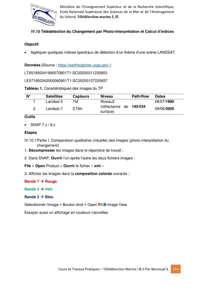 Télédetection marine: Niveau I & II, support de cours & travaux pratiques