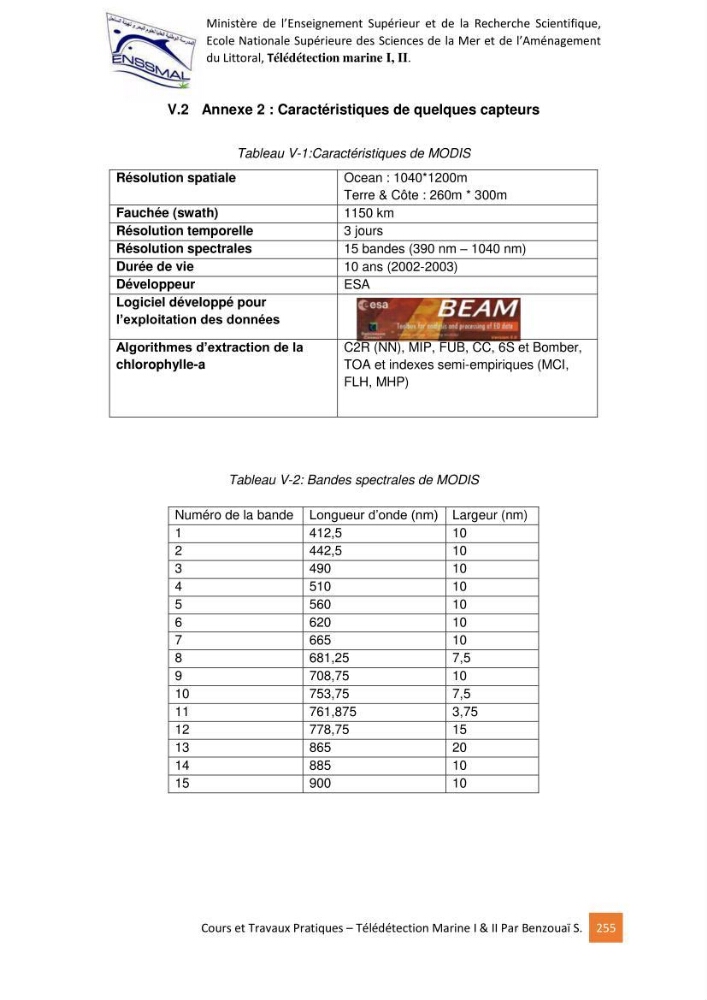 Télédetection marine: Niveau I & II, support de cours & travaux pratiques
