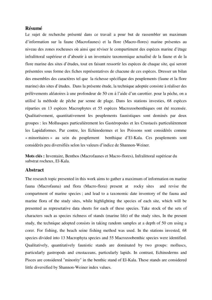 Inventaire du benthos des zones rocheuses de la région d’El Kala
