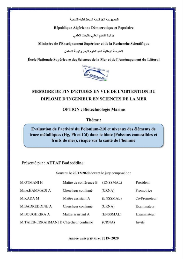 Evaluation de l’activité du Polonium-210 et niveaux des éléments de trace métalliques (Hg, Pb et Cd) dans le biote (Poissons comestibles et fruits de mer), risque sur la santé de l’homme: