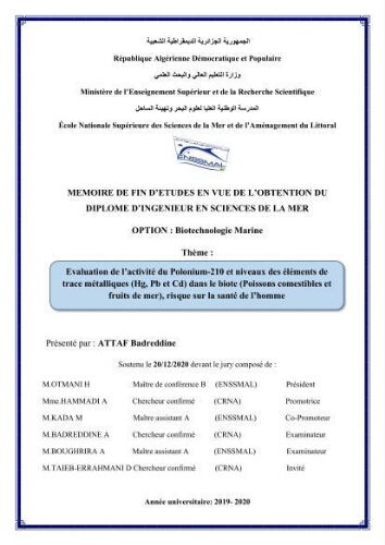 Evaluation de l’activité du Polonium-210 et niveaux des éléments de trace métalliques (Hg, Pb et Cd) dans le biote (Poissons comestibles et fruits de mer), risque sur la santé de l’homme: Evaluation de l’activité du Polonium-210 et niveaux des éléments de trace métalliques (Hg, Pb et Cd) dans le biote (Poissons comestibles et fruits de mer), risque sur la santé de l’homme: