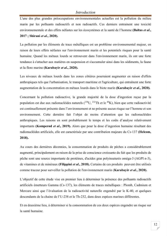 Evaluation de l’activité du Polonium-210 et niveaux des éléments de trace métalliques (Hg, Pb et Cd) dans le biote (Poissons comestibles et fruits de mer), risque sur la santé de l’homme: