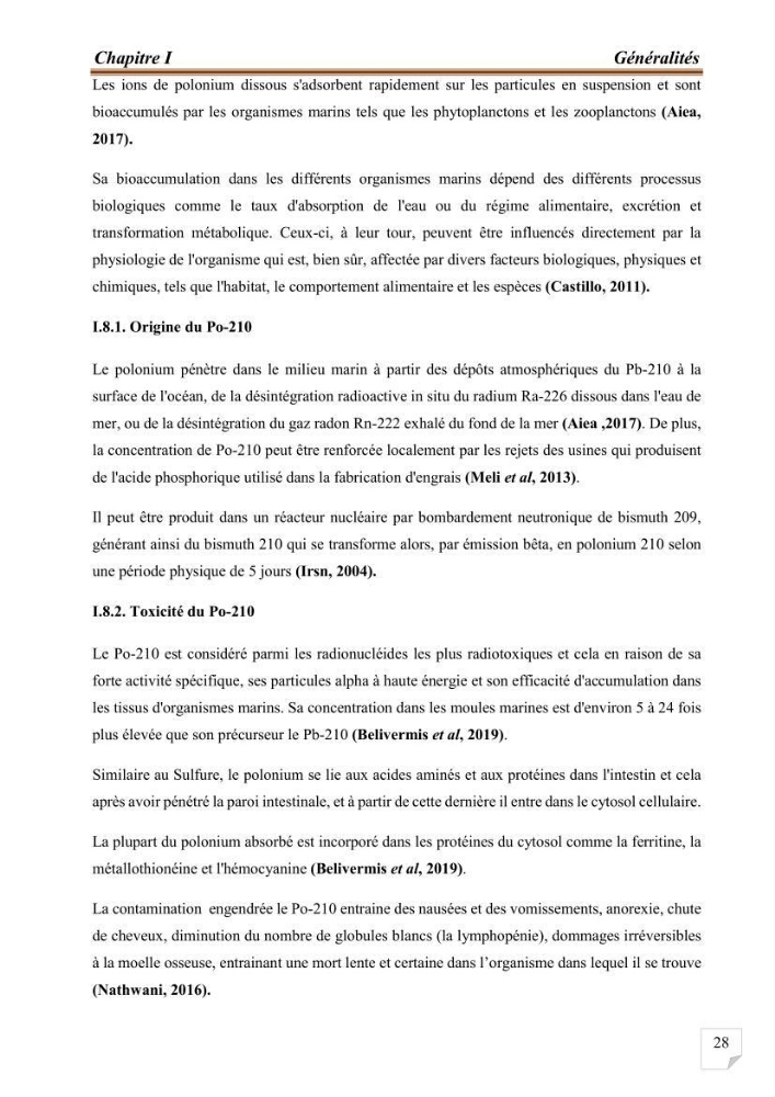 Evaluation de l’activité du Polonium-210 et niveaux des éléments de trace métalliques (Hg, Pb et Cd) dans le biote (Poissons comestibles et fruits de mer), risque sur la santé de l’homme: