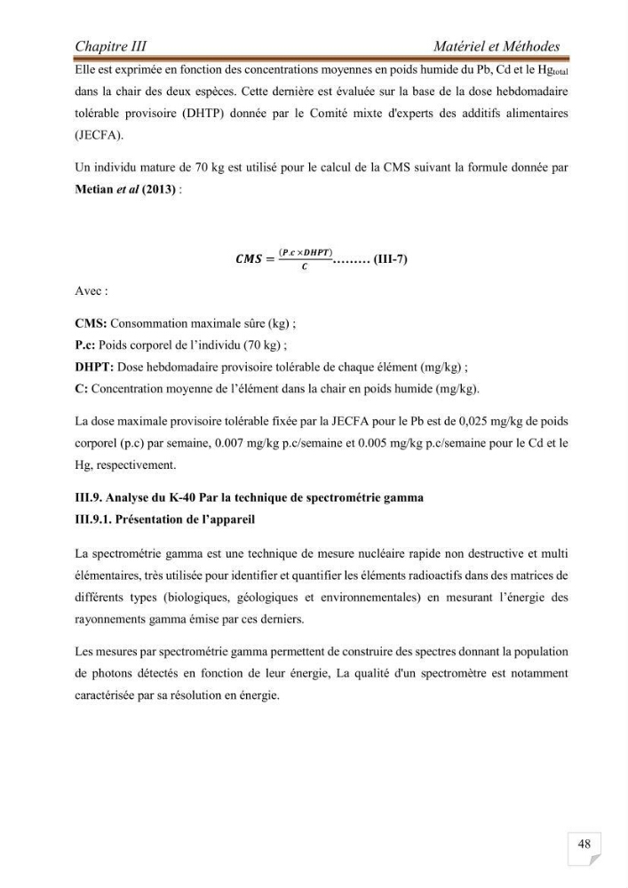Evaluation de l’activité du Polonium-210 et niveaux des éléments de trace métalliques (Hg, Pb et Cd) dans le biote (Poissons comestibles et fruits de mer), risque sur la santé de l’homme: