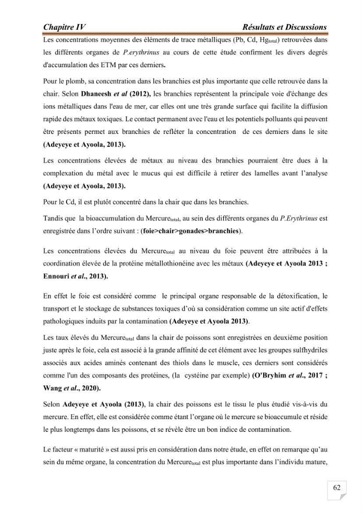 Evaluation de l’activité du Polonium-210 et niveaux des éléments de trace métalliques (Hg, Pb et Cd) dans le biote (Poissons comestibles et fruits de mer), risque sur la santé de l’homme: