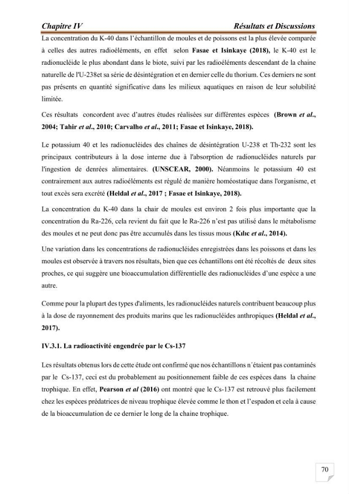 Evaluation de l’activité du Polonium-210 et niveaux des éléments de trace métalliques (Hg, Pb et Cd) dans le biote (Poissons comestibles et fruits de mer), risque sur la santé de l’homme: