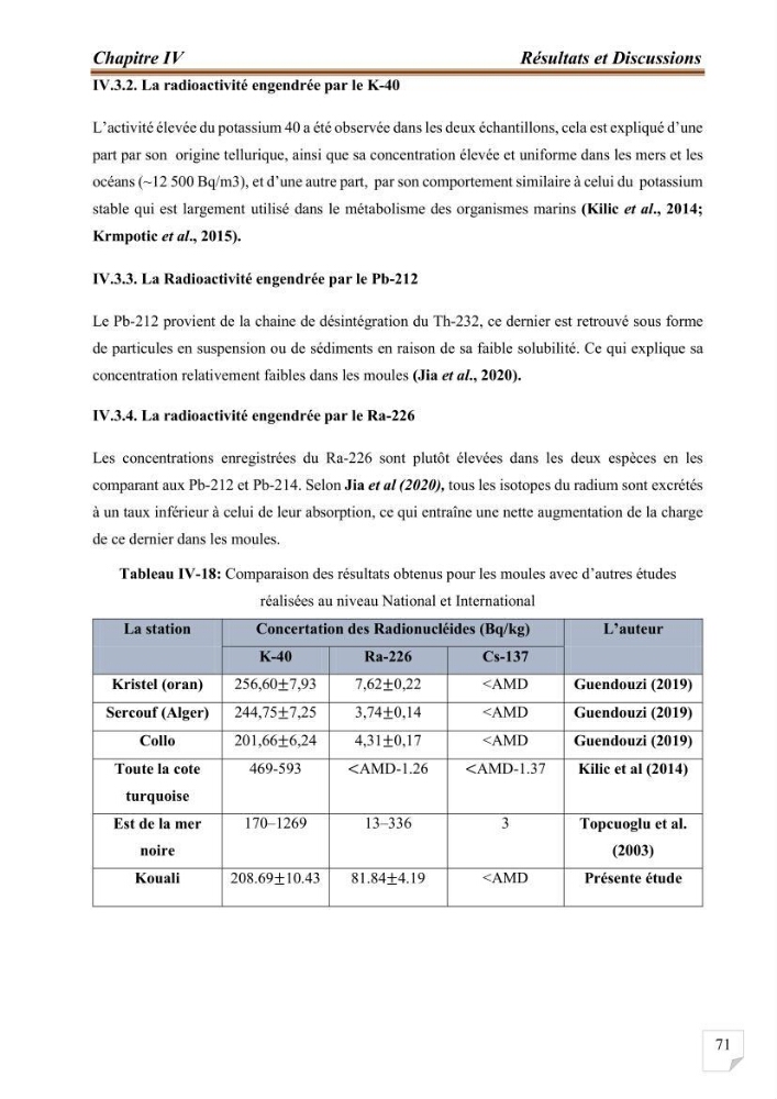Evaluation de l’activité du Polonium-210 et niveaux des éléments de trace métalliques (Hg, Pb et Cd) dans le biote (Poissons comestibles et fruits de mer), risque sur la santé de l’homme: