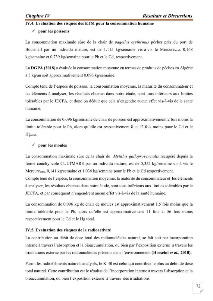 Evaluation de l’activité du Polonium-210 et niveaux des éléments de trace métalliques (Hg, Pb et Cd) dans le biote (Poissons comestibles et fruits de mer), risque sur la santé de l’homme:
